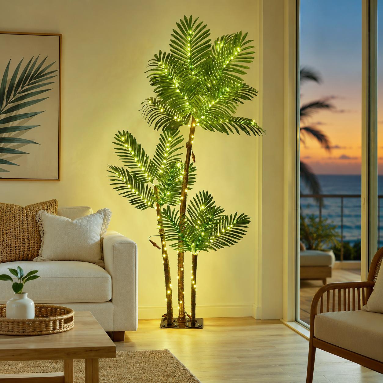 5-foot or 6-foot plastic LED faux palm tree — plug-in colorful outdoor landscape ambient light, tree-shaped Hawaiian-themed decor, suitable for outdoor patios, holiday parties, outdoor landscape lighting, and ambient lighting