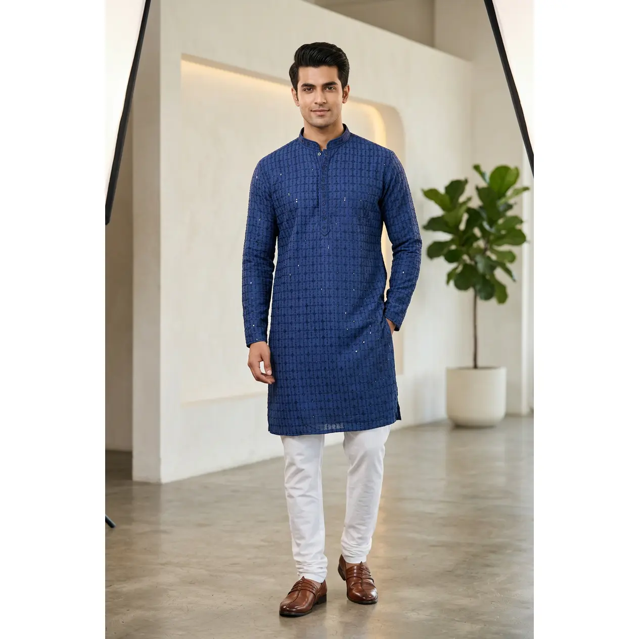 Navy Men's Lakhnavi Kurta with Resham Embroidery