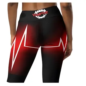 Vampyre Heart Leggings - Black Neon Red Graphic Text Heartbeat Line Fang Teeth Monster Bite Halloween Spooky Scary Women Sexy Yoga Pants