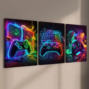 Modern Neon Gamepad Lightsaber Man Pattern Canvas Painting with Frame, 3 Counts/set Artistic Modern Wall Art Painting, Wall Art Decor for Home Living Room Bedroom Office, Wall Art Decoration