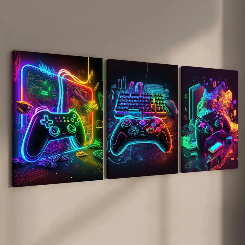 Modern Neon Gamepad Lightsaber Man Pattern Triple Canvas Painting with Frame, 3 Counts/set Artistic Modern Wall Art Painting, Wall Art Decor for Home Living Room Bedroom Office, Above Bed Wall Decor, Wall Art Decoration, Decorative Artwork