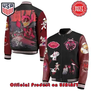 Hazbin Hotel Smile Varsity Jacket, Anime Bomber Featuring Signature Character Art, Trendy Streetwear Gift For Fans Who Love Bright Graphic Outerwear