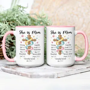 She Is Mom Christian Coffee Mug with Wooden Cross Design, 11oz & 15oz Ceramic Two-Tone Pink Handle Cup, Strong Chosen Beautiful Capable Victorious Mom Gift, Mother’s Day 2026 Religious Present, Meaningful Scripture Gift for Grandma and Wife