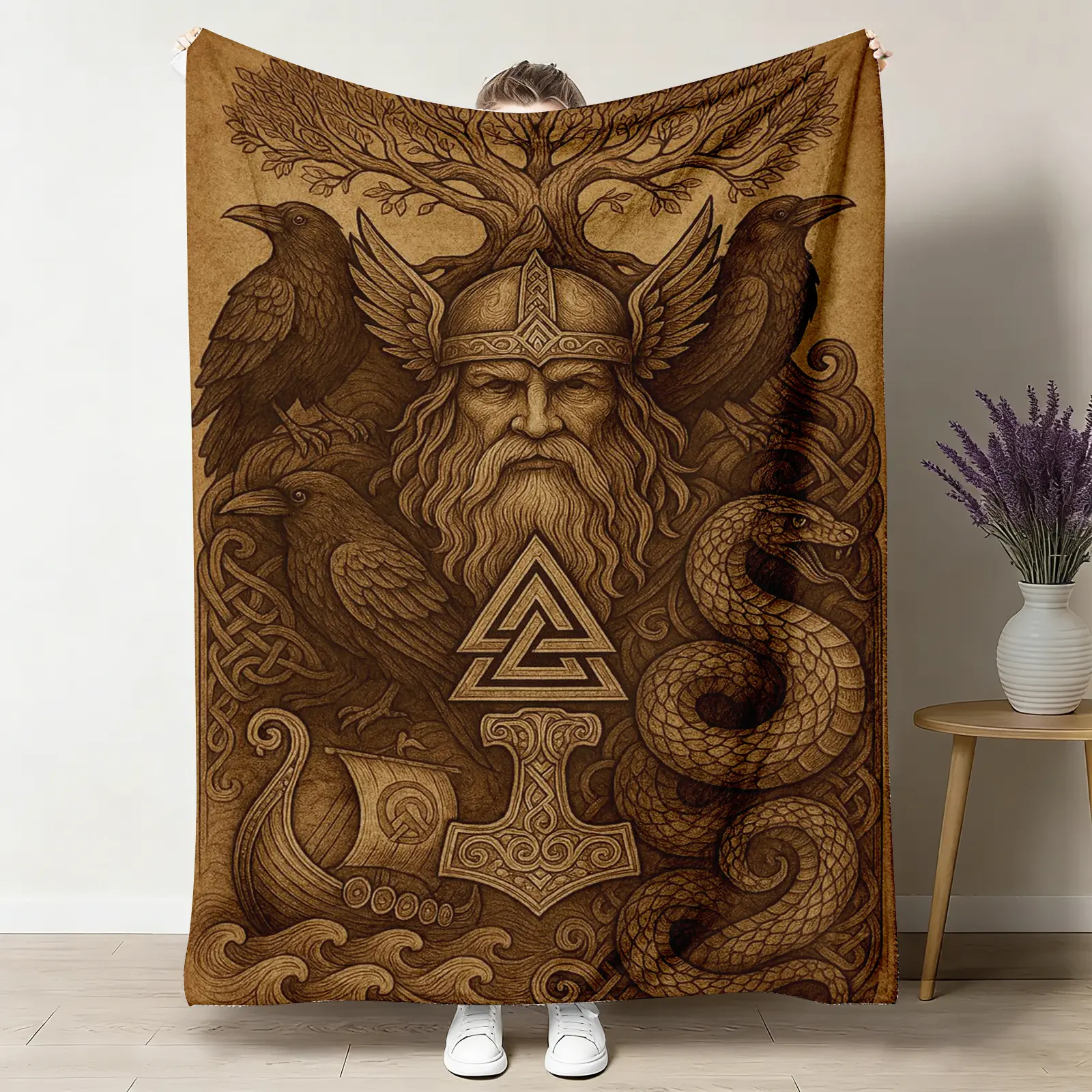 Odin Norse Mythology Viking Logo Flannel Throw Blanket - Soft, Cozy, Warm, Wrinkle Resistant, Vintage Etching, Hugin Munin Raven, Yggdrasil, Mjolnir Design, Pagan Gift, Scandinavian Dark Academia Bedroom Decor, 30x40 to 60x80 inches, 60X50inch（Medium For