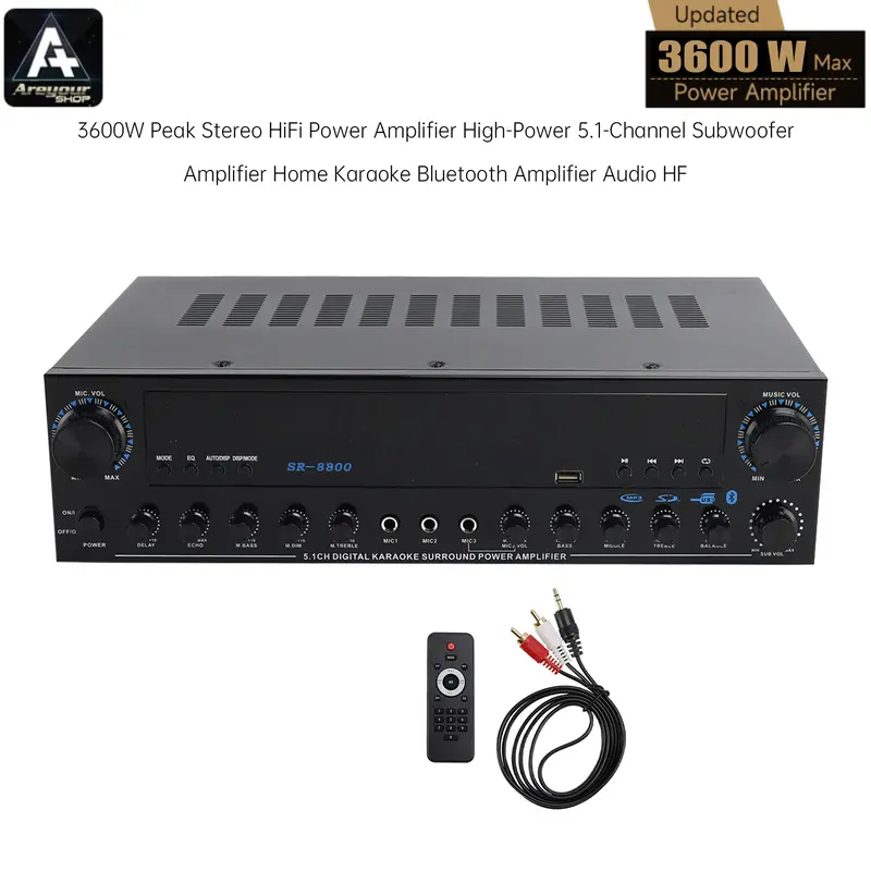 3600W Peak 5.1-Channel Stereo HiFi Power Amplifier, with Home Karaoke Mode Bluetooth 5.2, Remote for Subwoofer Audio HF