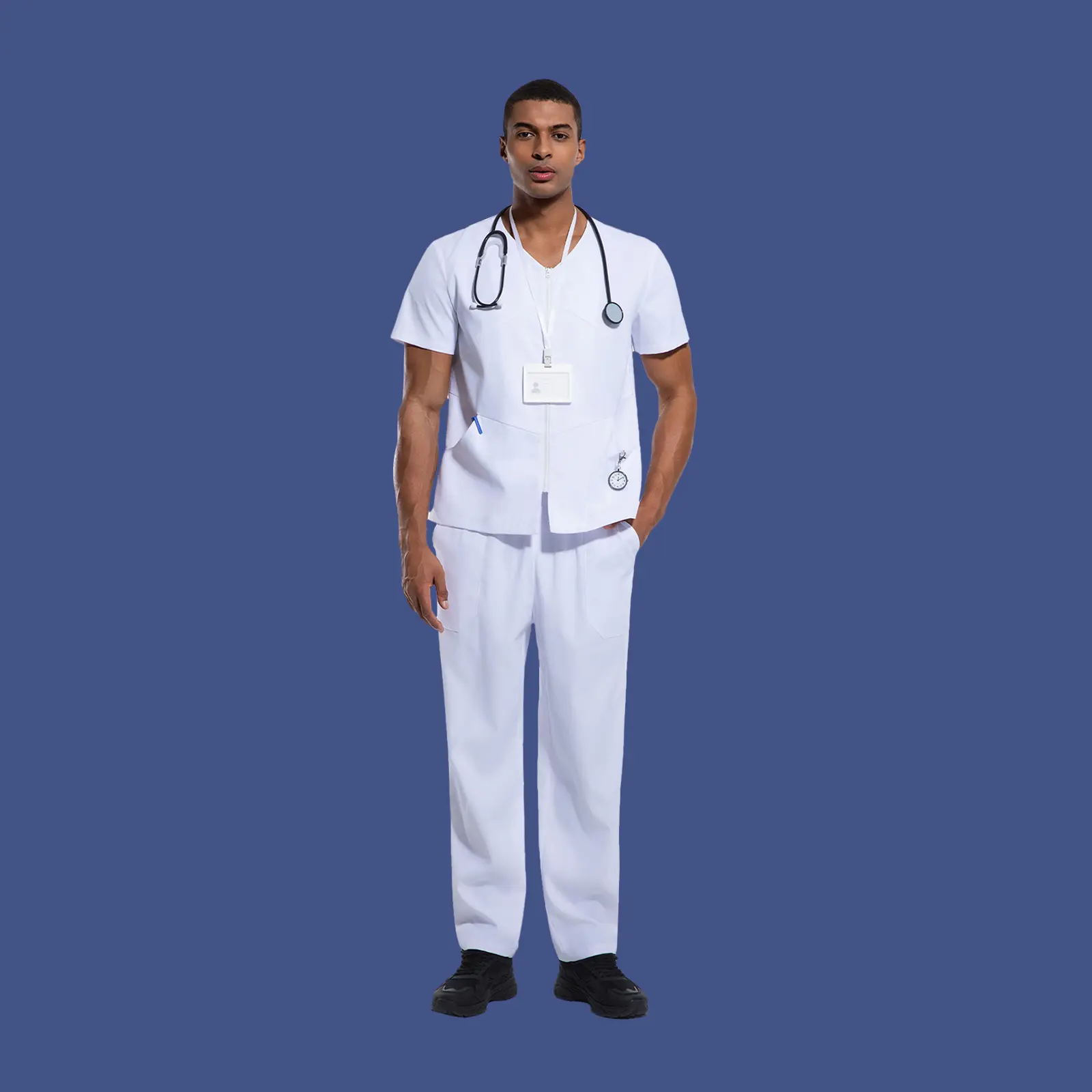 Cimmuovere Men's Medical Workwear Set White Short Sleeve Loose Fit Woven Fabric Scrubs with Zippered Collar Elastic Waist Pockets for Construction