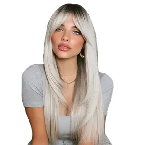 Long Straight Silver Blonde Wig with Bangs for Women Natural Looking Synthetic Hair Extensions