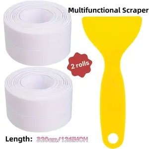 2 Rolls 3.2m Sealing Tape, 3.8cm Width, Includes Plastic Scraper, Waterproof Self-Adhesive Strip for Bathroom & Kitchen Use