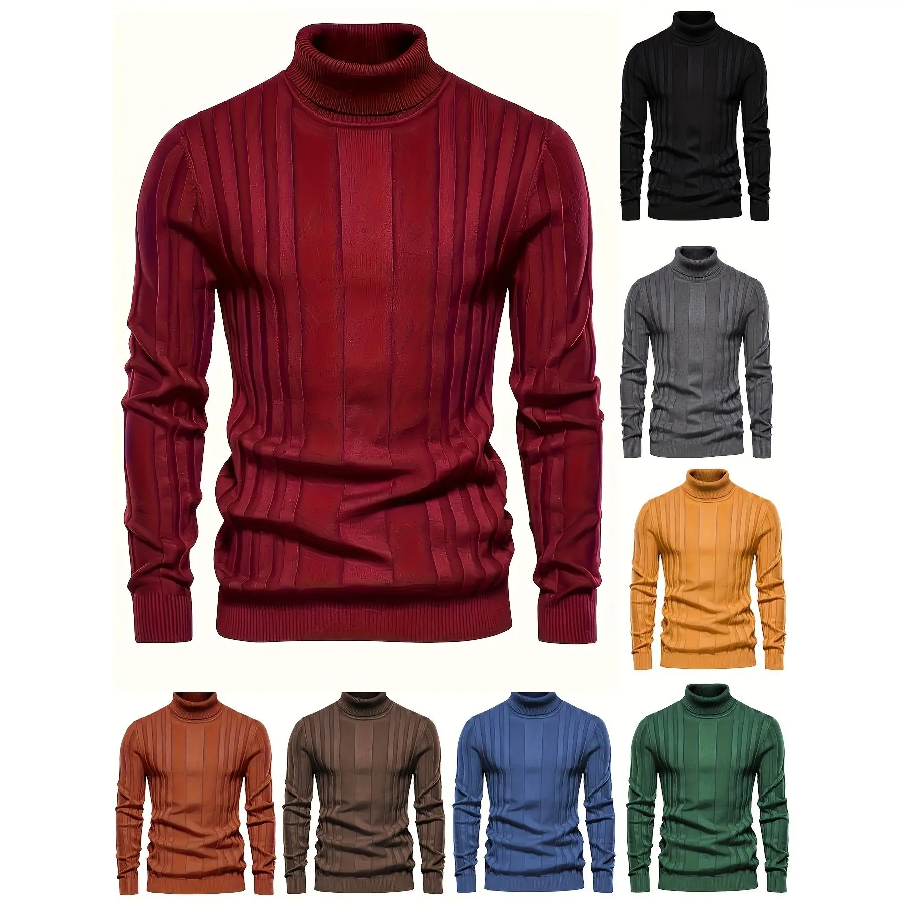 Men's High-Neck Knitted Pullover - Longsleeves, Casual Warm Solid-Color Stretch Turtle Neck Top for Autumn Winter, Red Beige Knitwear Menswear, High Neck Men's Pullover