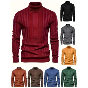 Men's High-Neck Knitted Pullover - Longsleeves, Casual Warm Solid-Color Stretch Turtle Neck Top for Autumn Winter, Red Beige Knitwear Menswear, High Neck Men's Pullover