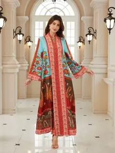 Women's Floral Print Rhinestone Long Robe, Dubai Style Kaftan, Eid Night Dress, Abaya for Ramadan Festival, For Muslim, Elegant Evening Gown, Ethnic Print Kaftan, Islamic Clothing, Ethnic Pattern Kaftan