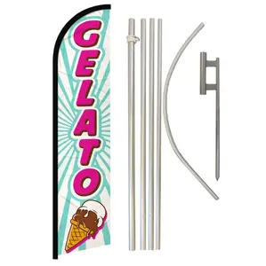 Windless Gelato Banner Flag with Complete Steel-Aluminium Pole Kit, 11.5x2.5ft Polyester Fabric Backdrop with Curved Sleeve for Home, Festive Outdoor Display Supplies