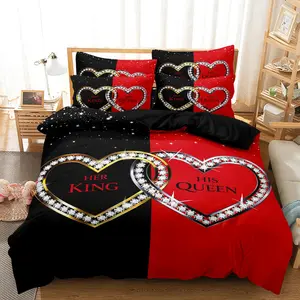 3pcs Valentine'S Day Romantic Crystal Heart King & Queen Couple Bedding Set, Decorative Bedding Set, 1 Duvet Cover + 2 Pillowcases, All-Season Polyester, Machine Washable, Digital Print, Home & Dorm Decor, Breathable Duvet Set