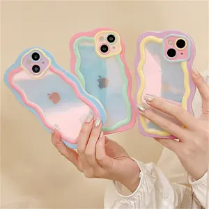 Cute Korean Candy Color Laser Gradual Change Wavy Irregular Clear Case for iPhone 16 15 14 13 12 Pro Max Kawaii Shockproof Cover Protection Protective