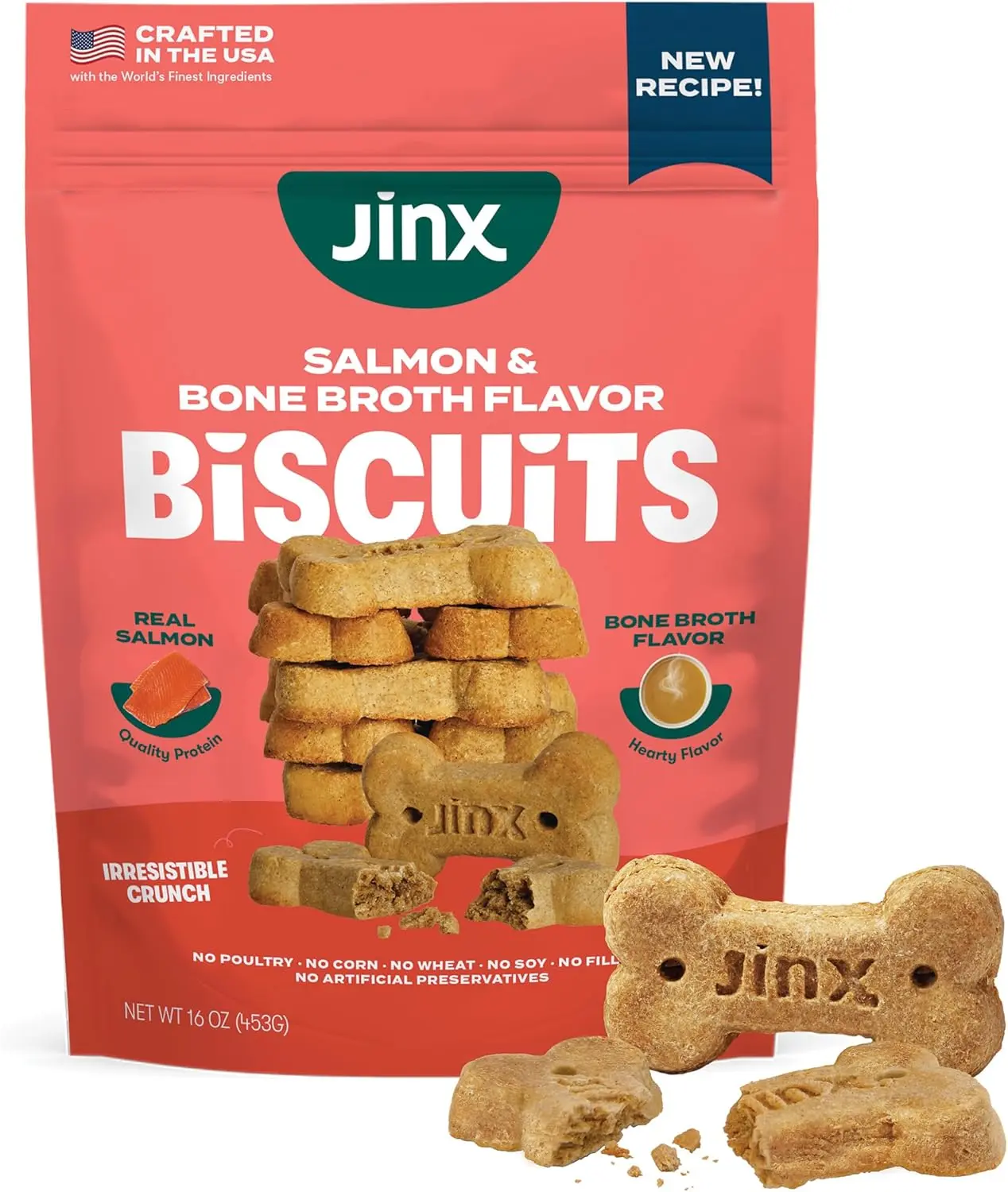 Jinx Dog Biscuits, Oven-Baked Dog Treats with Salmon Bone Broth, 16oz 1-Pack Crunchy & Healthy Dog Treat, Superfood-Rich with Real Salmon, Dog Cookies for Puppies, Adults & Senior Dogs