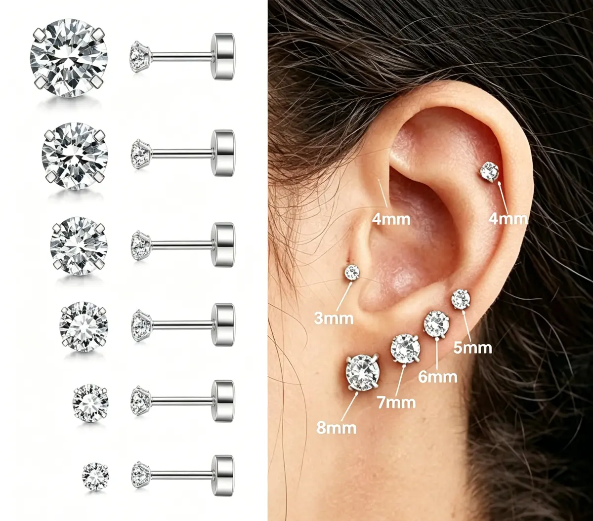 6-Pair Hypoallergenic Flat/Butterfly Back Earrings for Women Studs Earrings Cubic Zirconia Cartilage Earring for Sensitive Ears 3mm/4mm/5mm/6mm/7mm/8mm