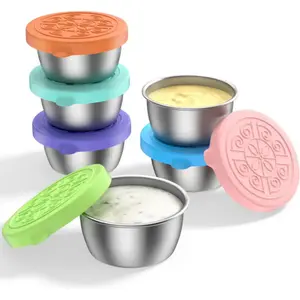 6 Pack Salad Dressing Container To Go, 1.7 Oz/50ml Stainless Steel Small Condiment Containers with Lids, Reusable & Leakproof Silicone Sauce Cups for Lunch Box (B/G/P/PK/O/MG)