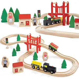 TOPMAYA Wooden Train Set for Toddler, 39 Pcs Wooden Train Tracks, Bridge & Double-Side Trains Toy Fits Brio, Thomas, Melissa and Doug, Kids Gift Toys for 3 4 5 Years Old Boys Girls
