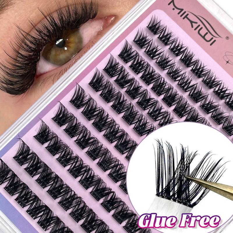 MIKIWI D Curl 110PCS Lash Clusters Wispy Glue Free Eyelash Extensions Fluffy Self Adhesive Individual Lashes 10-16mm Mix Length Natural DIY Cluster Lashes With Soft Thin Band