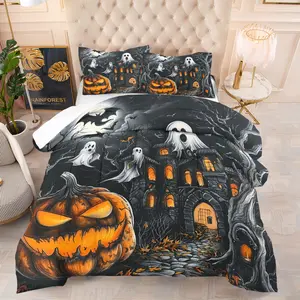 Halloween Series Style Quilt Set, Castle Ghost Pumpkin Head Pattern, Spooky Decorative Bedding, Includes 1 Quilt & Pillowcases