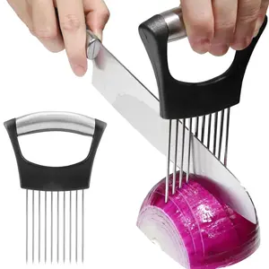 1-Piece Stainless Steel Onion Holder Slice with 10 Forks for Effortless Vegetable, Tomato, Lemon, and Meat Slicing Kitchen Slicer Utensils