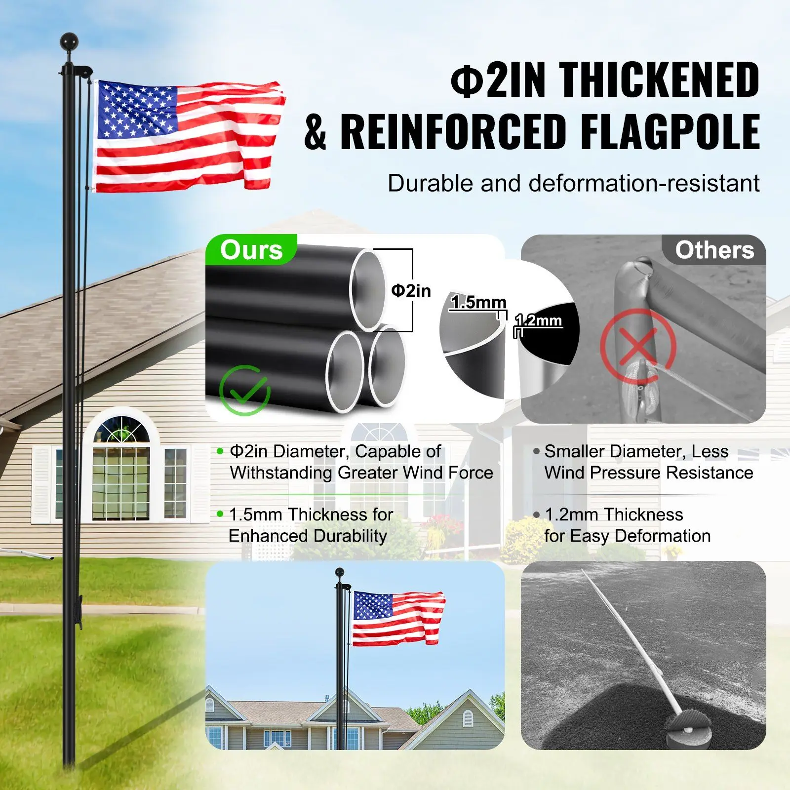 VEVOR Heavy Duty Aluminum Flagpole Kit, 30FT Detachable Patriotic Flag Pole for Outdoor Use, American Black Flag Pole, Yard