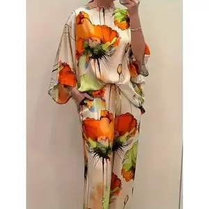 Women's Elegant Printed Satin 2-piece Round Neck Top and Wide Leg Pants 2-piece Set Matching Set Lounge Chair Set Women's Set Elegant 2-piece Set Women's 2-piece Set Beach Vacation Set Autumn Women's SetGift(Sheets)