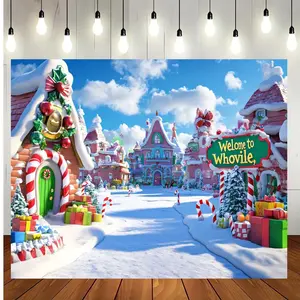 1pc Polyester Material 2D Flat Christmas Village Backdrop - Candy Canes, Snow-Covered Streets, "Welcome Whoville" Sign, Gingerbread Banners, White Ornaments - Electric-Powered Home Studio Decor for Festive Holidays
