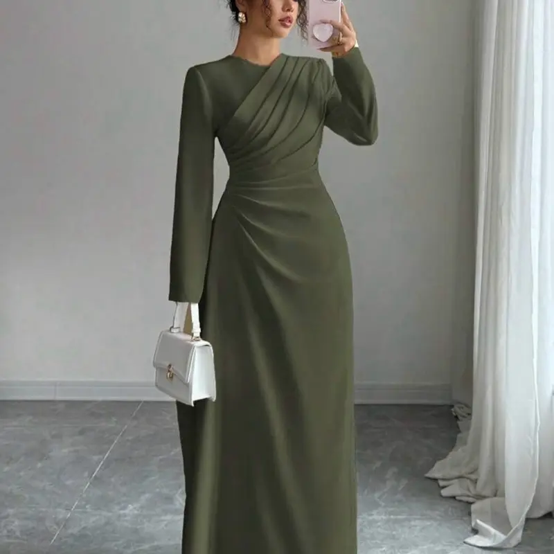 knee length dresses for ladies Emerald Green Round Neck Long Sleeve Maxi Dress Small main image 0
