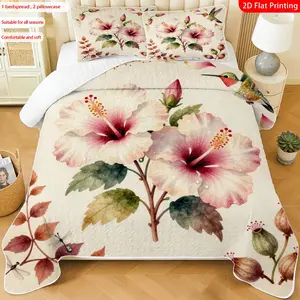 3 pcs, 2D flat print Watercolor Floral bed cover set with Hummingbird & Hibiscus, multiple sizes available, bedding set, festive decorative bedding, ideal for bedroom décor(1 bedspread , 2 pillowcase)