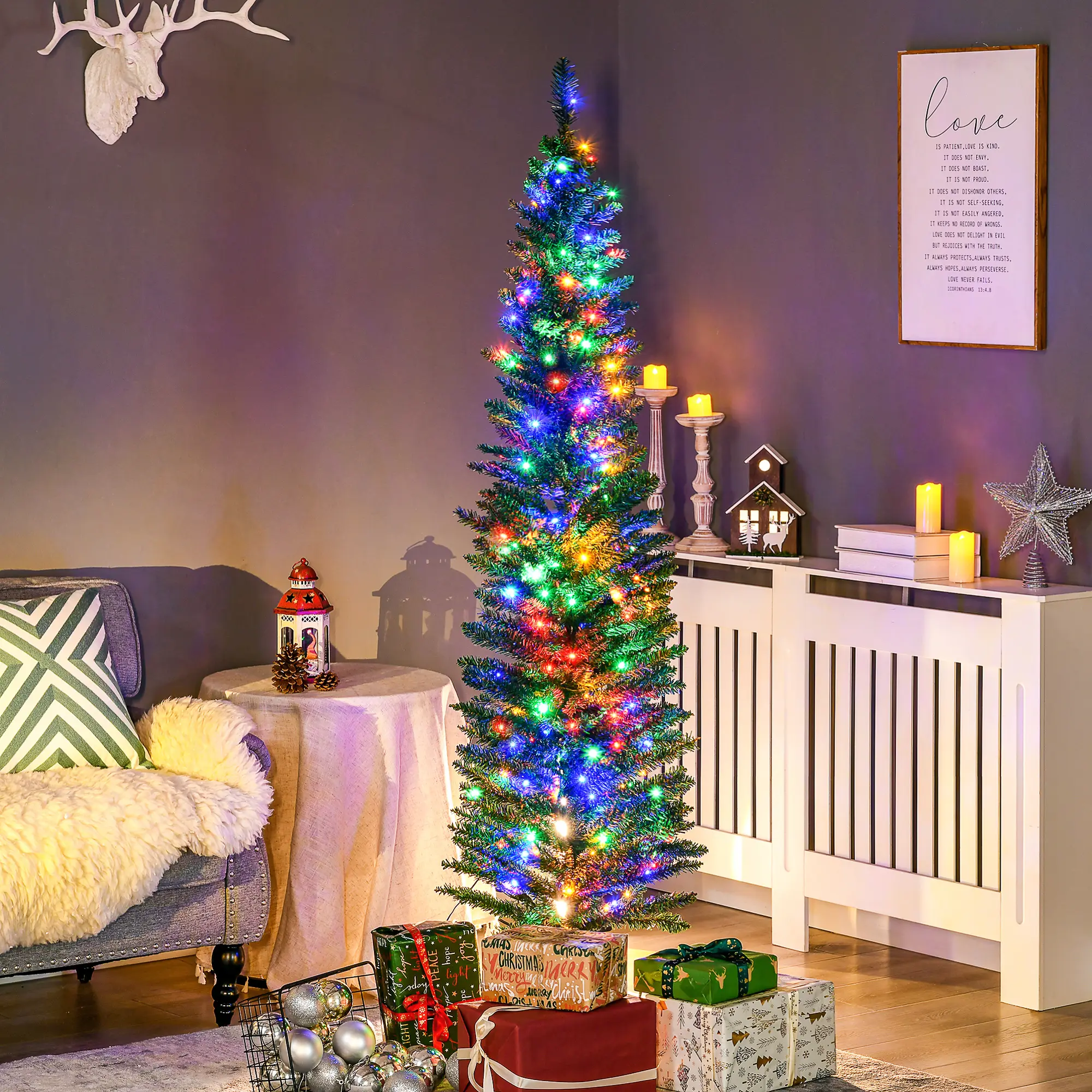 HOMCOM 6ft/7ft Tall Pencil Prelit Artificial Christmas Tree Holiday Décor with 390 Branches, 150 Colorful LED Lights, Steel Base, Green