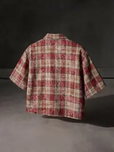 Men's Vintage Washed Plaid Short Sleeve Shirt, "95" Patchwork Cropped Flannel Button-Down with Badge Patches, Y2K Streetwear