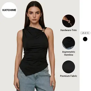 Katch Me Women's Elegant Solid Color Hardware-Trim Asymmetric Sleeveless Top, Lady Casual Ruched Daily Outfit, Versatile Flattering Summer Tops