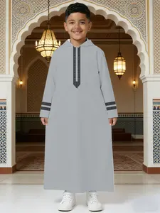 Boys' Grey Hooded Thobe with Stylish Black Greek Key Embroidery - Kids Islamic Jubba for Ramadan & Eid