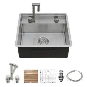 Lordear 21x19 Inch Undermount Single Bowl 16-Gauge Stainless Steel Kitchen Sink Workstation Kitchen Sink with Sink Cover and Folding Faucet Drop In Sink