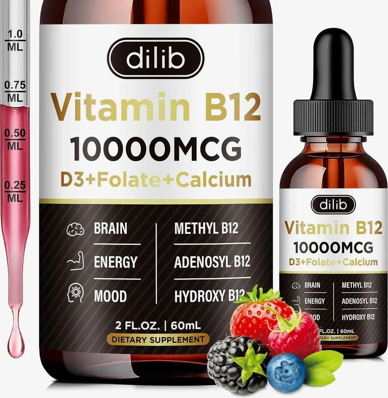 Vitamin B12 Complex 10000 mcg | Vegan Triple Liquid B-12 Drops Sublingual Supplement | Methylcobalamin & Adenosylcobalamin & Hydroxo Blend for Long-Lasting Energy and Healthy Metabolism Berry Flavor