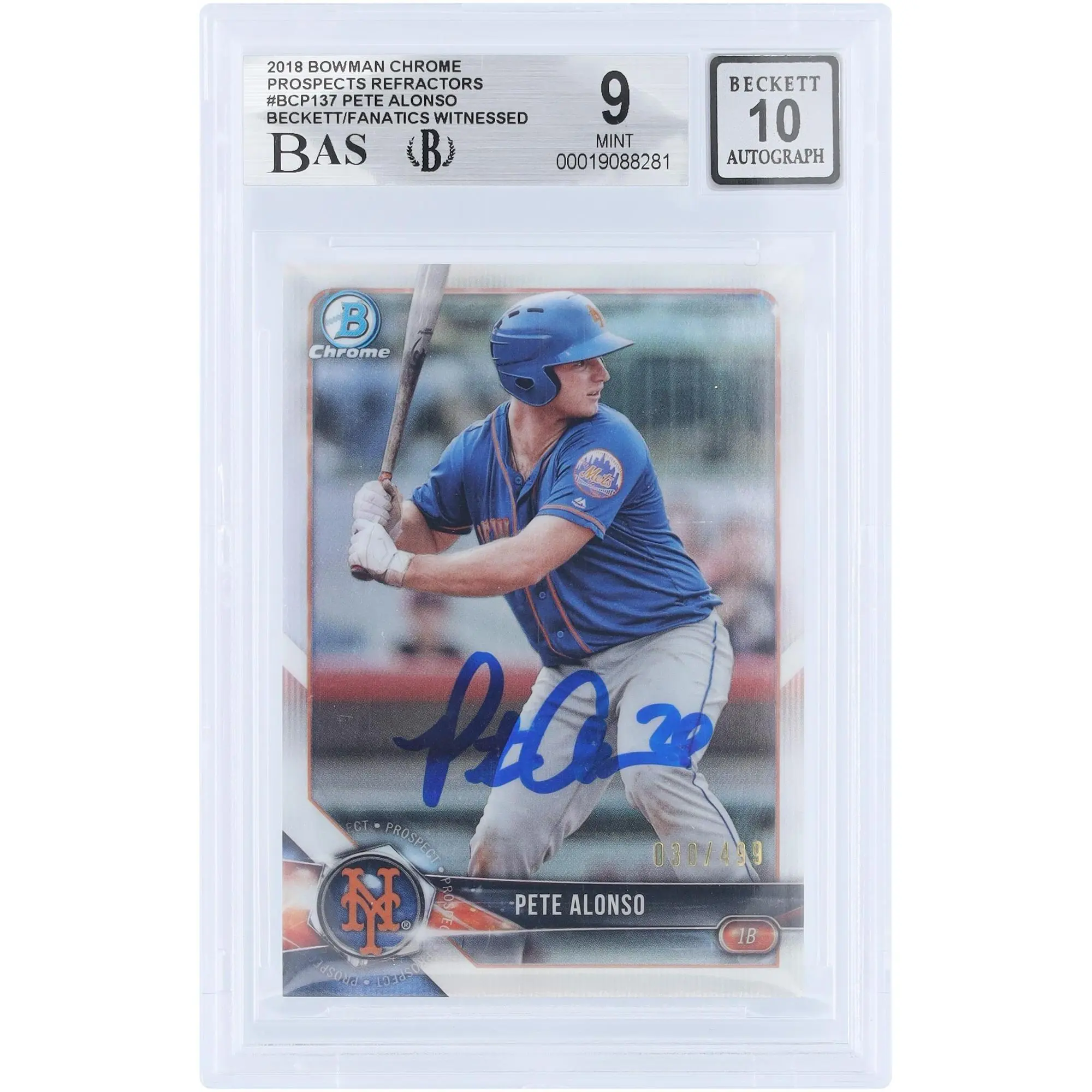 Pete Alonso New York Mets Autographed 2018 Bowman Chrome Prospects Refractor #BCP137 #/499 Beckett Fanatics Witnessed Authenticated 9/10 Card - Fanatics Authentic Certified