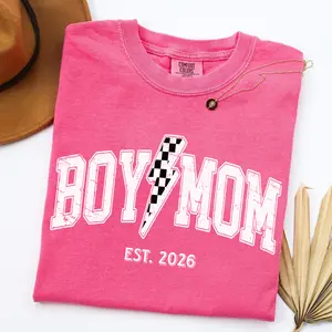 Comfort Colors Boy Mom Est 2026 Shirt, Checkered Boy Mom Shirt, Lightning Bolt Mama Tee, Boy Mom To Be Gifts, Comfort Colors Shirt, Custom Est