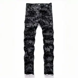 Streetwear fashion men's jeans high street fashion brand designer fashion printed elastic black men's small straight leg pants