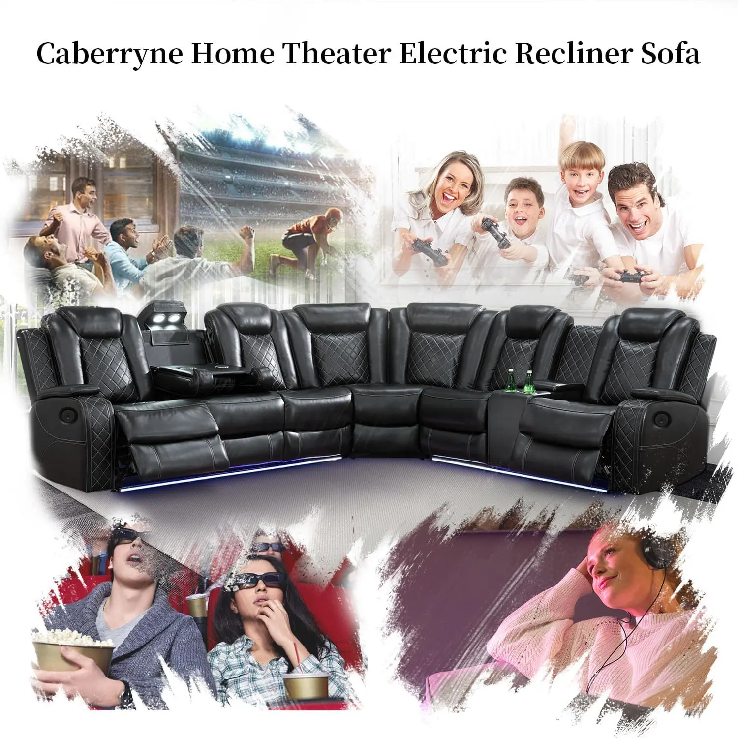 Modern Brown Classic Durable PU Leather Manual Reclining Couch Complete Set - Indoor Living Room Furniture for Living Room Use with Symmetrical Design, Center Console, LED Light Strip, 2 Cup Holders, Storage