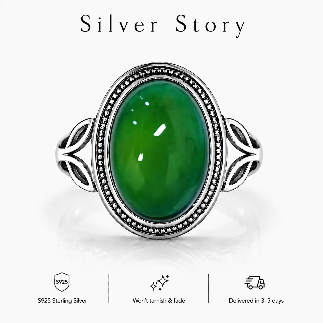 925 Sterling Silver Thermochromic Mood Ring – Temperature Color-Changing Oval Stone, Vintage Lace-Edge Band, Hypoallergenic Bohemian Jewelry Gift