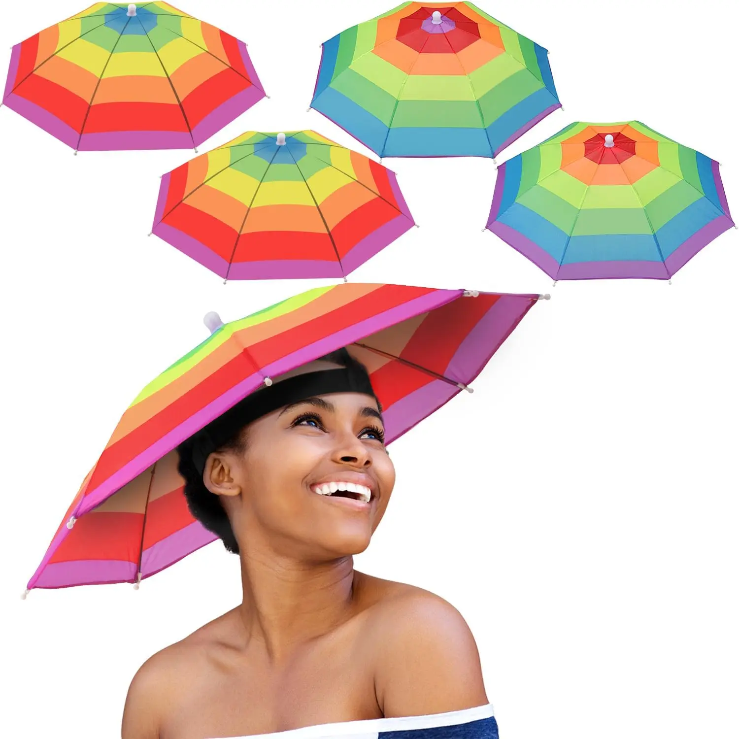 4 Pieces Umbrella Hat with Elastic Band, Rainbow Waterproof Fishing Umbrella Hat for Adults Women Men
