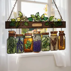 Faux Stained Glass Herb Jar Suncatcher - Botanical Window Hanging Decor - Rosemary & Lavender Art - Housewarming Gift for Her