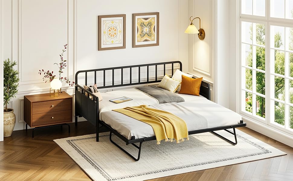 LIKIMIO Twin Daybed with Trundle, Charging Station & LED Lights, Metal Sofa Bed Frame with Side Storage, Noise-Free, No Box Spring Needed for Small Space, Guest Room, Living Room