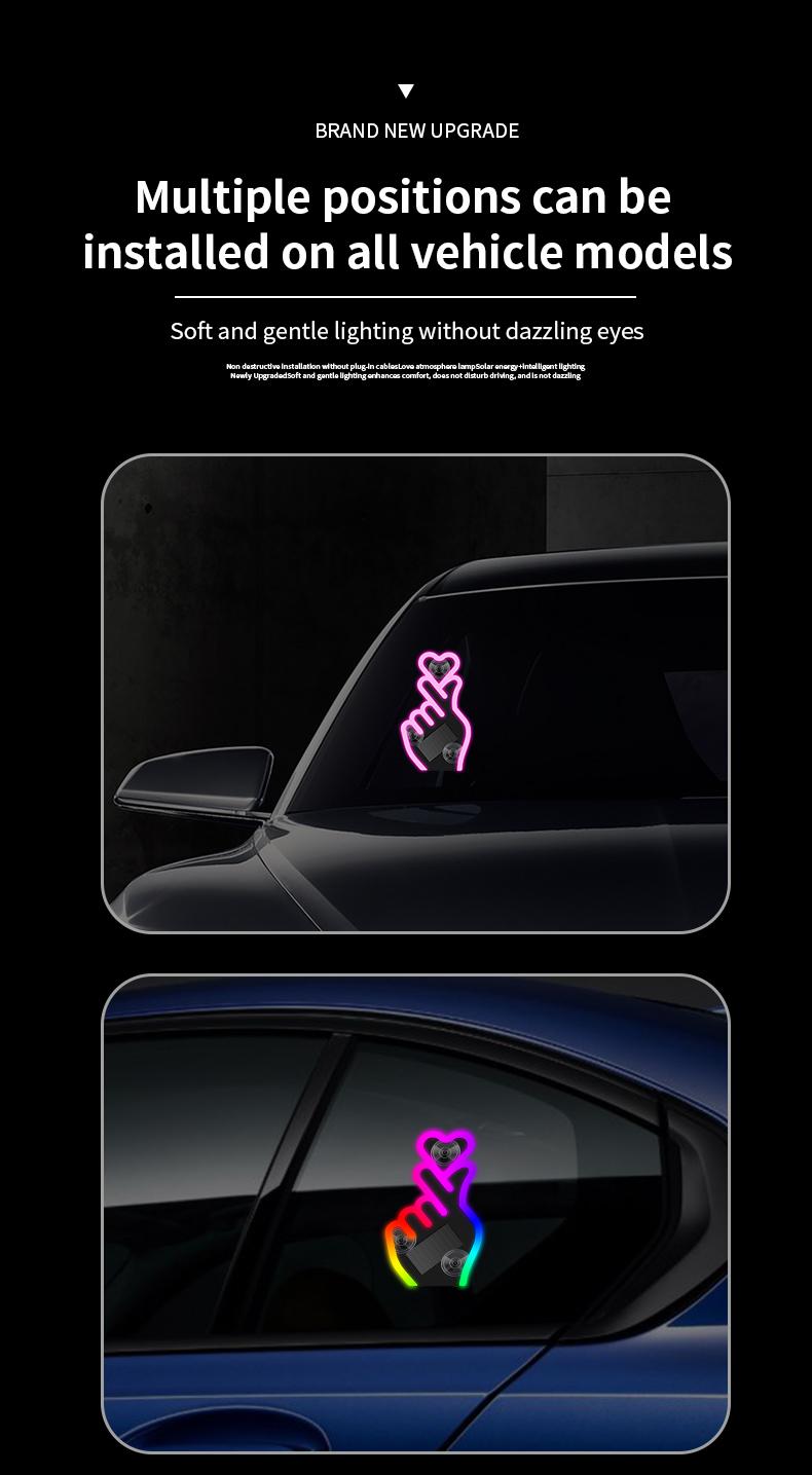 Solar Car Heart Gesture Light, LED Wireless Decorative Warning Light, Interior Ambient Light for Triangle & Rear Window