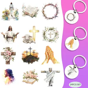 24PCS/Set Christian Easter Themed UV DTF Keychain DIY Transfer Paper - Waterproof Pattern, Laptop Decoration Excellent Gift Easy To Use