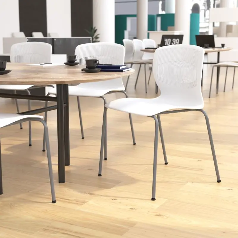 Hercules Series Commercial Grade Pre-Assembled Ergonomic Stack Chair - 770lb Capacity, White, Lumbar Support, Silver Steel Frame, Armless