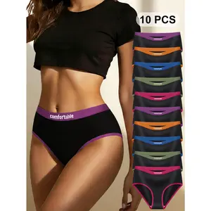 QUASTI 10 PCS Women's High Waist Stretch Cotton Briefs, Contrast Letter Print Panties, Seamless Anti-Roll Edge Panty, Breathable Everyday Sports Daily Underwear, S-XXL