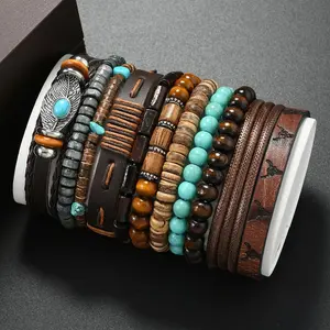 11pcs Turquoise PU Leather Bracelet Set, Bohemian Retro Men's Women's Beaded Bracelet Set | Coconut Wood, Turquoise, Clay, Stone & | Handmade for Daily Fashion & Bohemian Style