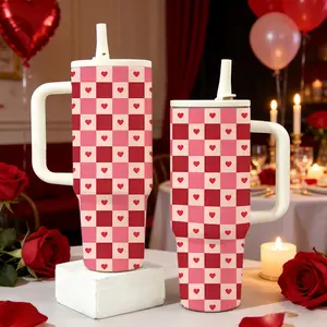 1 Pc 40oz double wall skinny vacuum cup with handle and straw, leak proof insulated mug for hot cold drinks, keeps hot 12 hours and cold 24 hours, romantic heart checkered Valentine's Day thermal mug, travel gift for women men office home